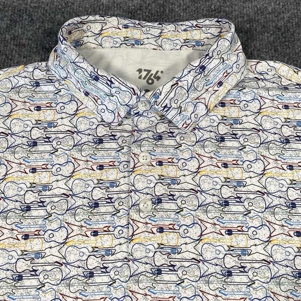 1764 Golf Polo Shirt Mens Medium Guitar All Over Print Stretch Performance Fit
